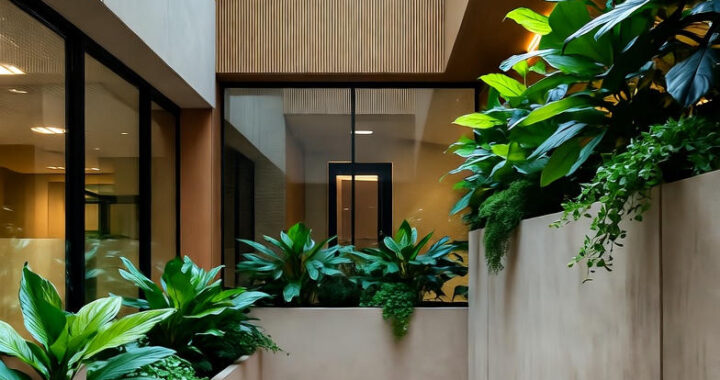 Et moderne Net-Zero erhvervsbyggeri med højt glasloft for maksimalt naturligt lys, grønne planter integreret i etagerne, rene linjer og materialer som beton, glas og træ. Bygningen er designet til bæredygtighed og energieffektivitet med åbne, lyse rum, der skaber en inspirerende og miljøvenlig arbejdsplads.